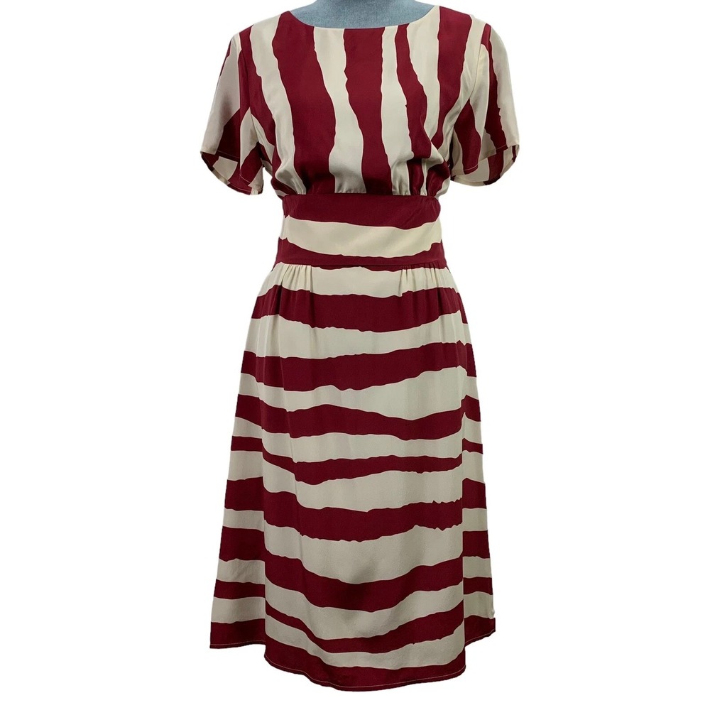J. Peterman Womens 16 Silk Striped Knee Length Dress Cream Red